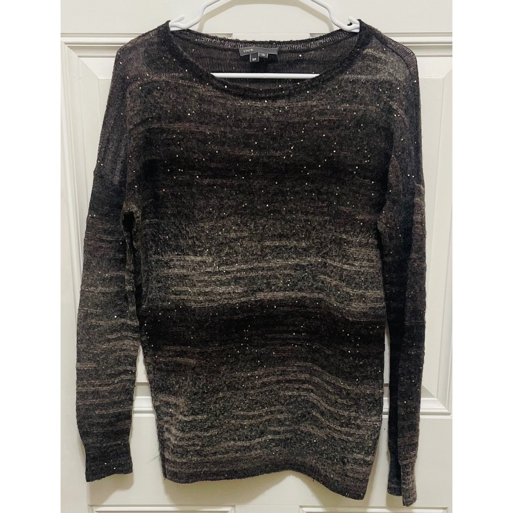 Vince Sequin Sweater Sparkle Knit Pullover Long Sleeve Brown S/P